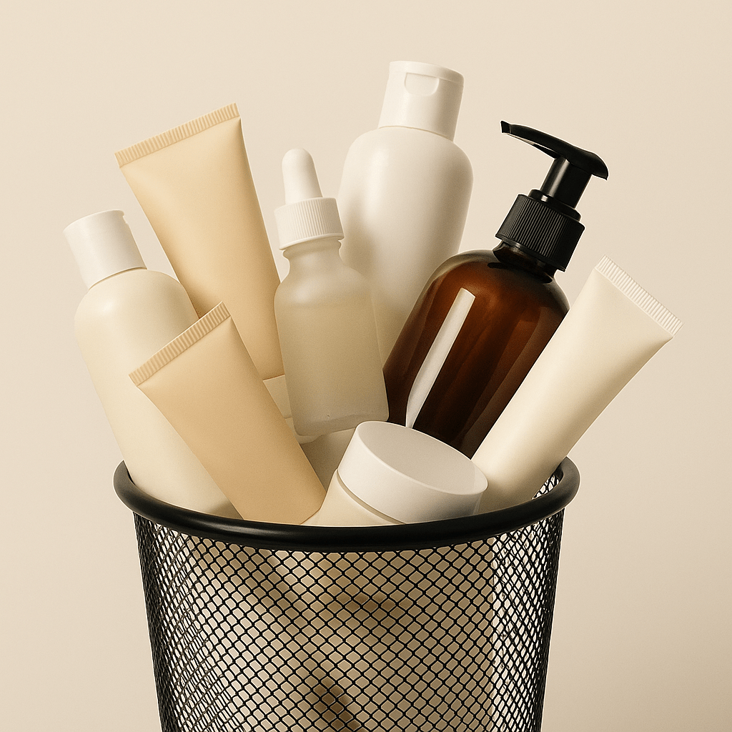 A variety of skin care products discarded in a mesh garbage bin.