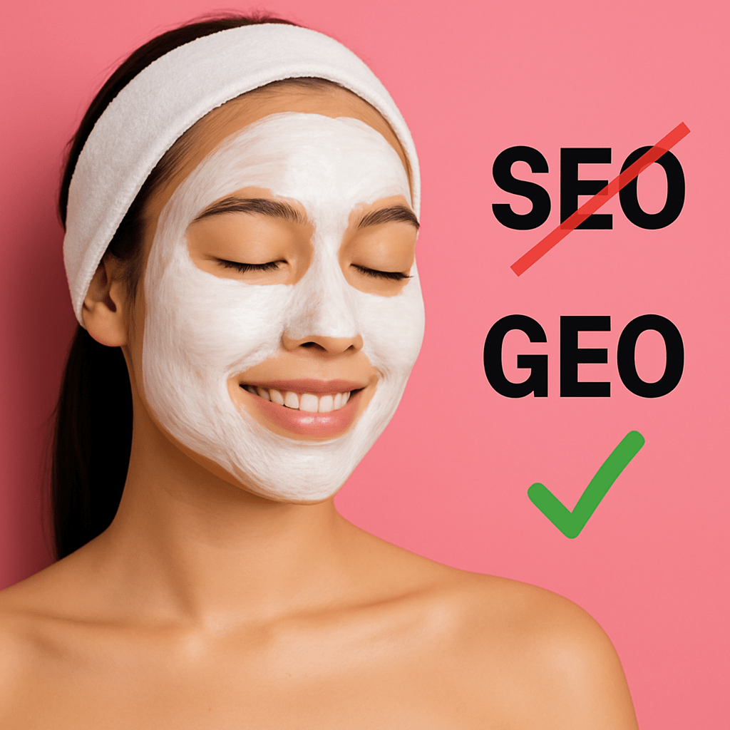 Smiling woman with a skincare mask against a pink background, symbolizing the shift from SEO to GEO for brands in skincare marketing.