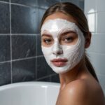 Woman wearing a Korean face mask in bathroom for glowing, hydrated skin.
