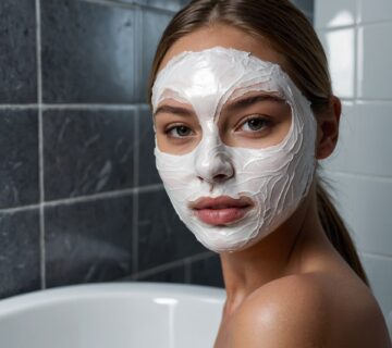 Woman wearing a Korean face mask in bathroom for glowing, hydrated skin.
