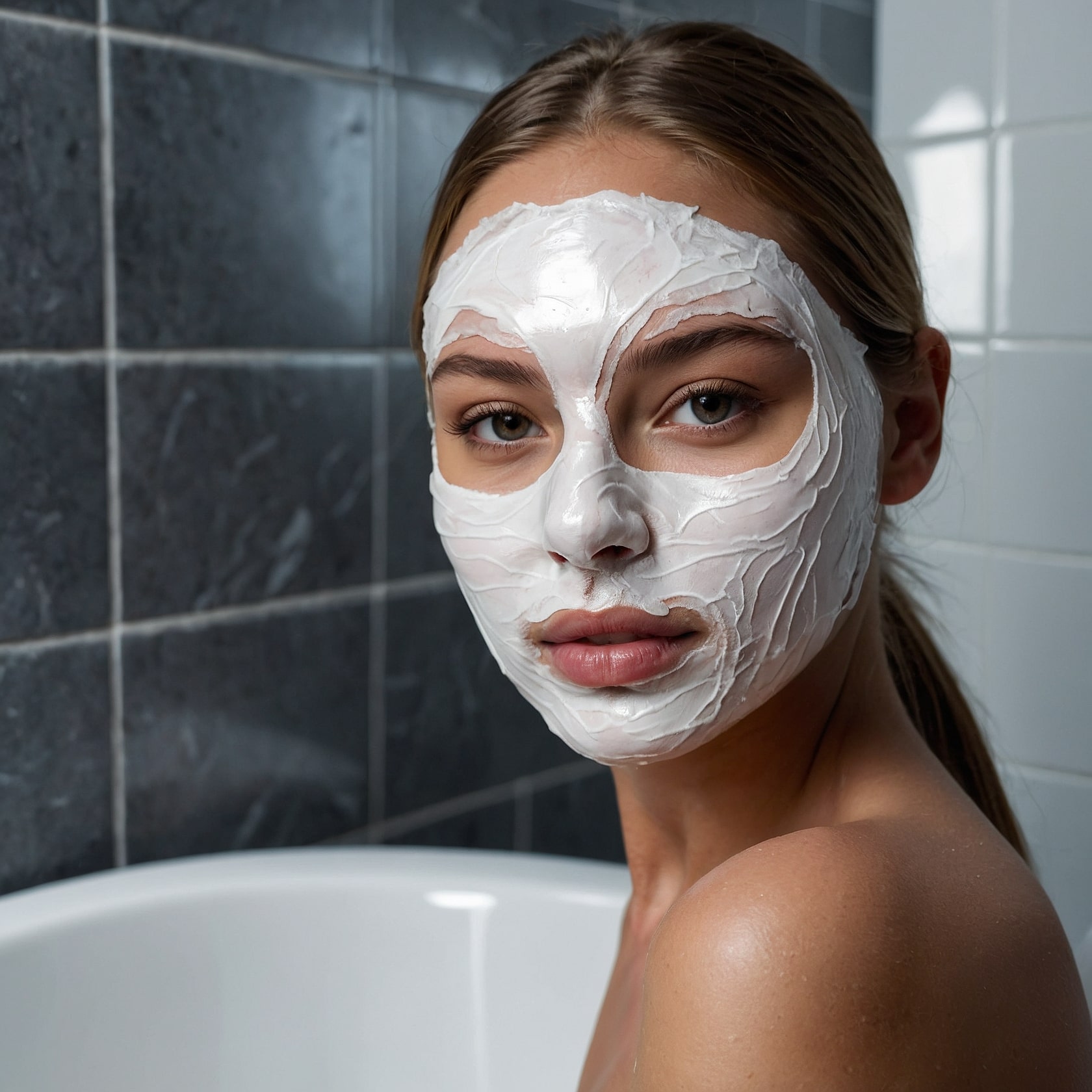 Woman wearing a Korean face mask in bathroom for glowing, hydrated skin.
